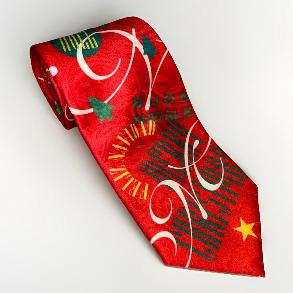 VTG Ralph Marlin Mens Red Christmas Tie Around The World 3 3/4” 59”